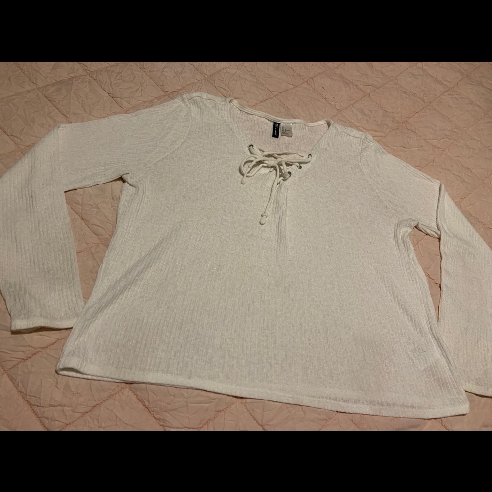 H&M long sleeve sheer white lace up top / blouse
